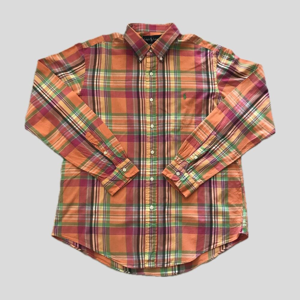 Polo Ralph Lauren Orange Plaid Cotton Long Sleeve Shirt Mens XL Preppy Button Up